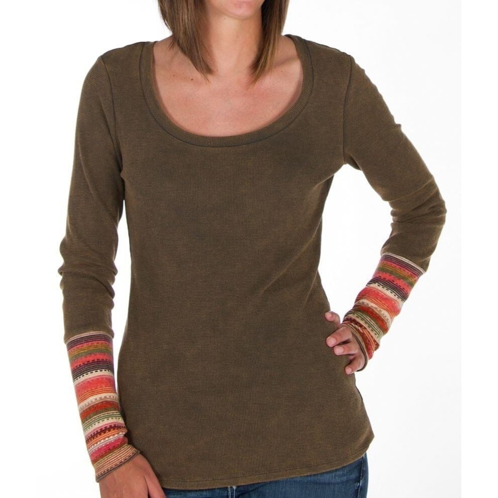 White Crow Buckle Washed‎ Scoop Neck Knit Sleeve Top, Size Small